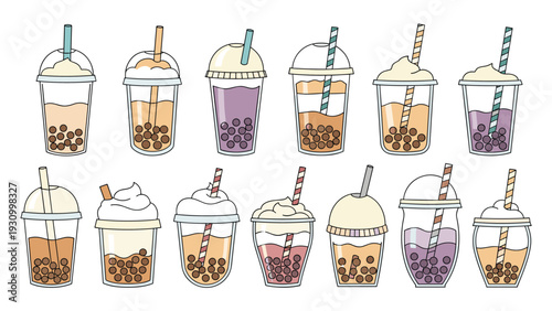 Set of various delicious boba tea drinks in plastic cups featuring different flavors toppings and colorful straws in a grid layout.