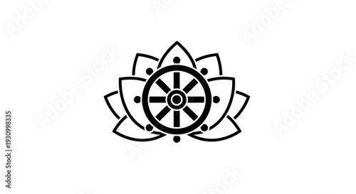Dharmachakra Symbol on Lotus Flower Illustration.