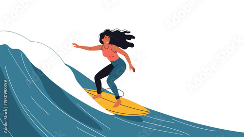 Brave woman with long flowing hair rides a large ocean wave on a yellow surfboard during a sunny day of surfing in the blue sea.