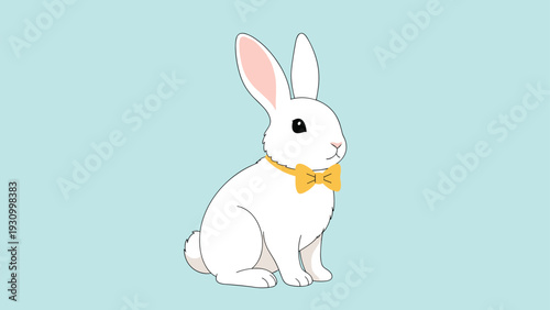 Charming white rabbit wearing a smart yellow bow tie sits peacefully against a soft light blue background in this animal portrait.