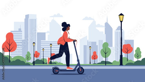 Modern woman of African descent rides an electric scooter through a green city park with a urban skyline visible in the background.