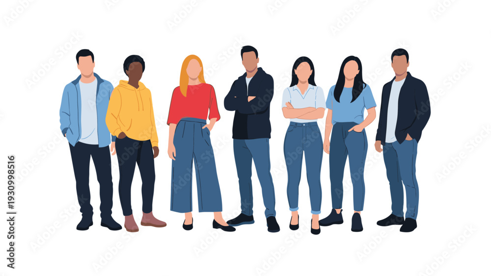 Obraz premium Group of diverse young people standing together in casual outfits representing friendship and unity against a white background.