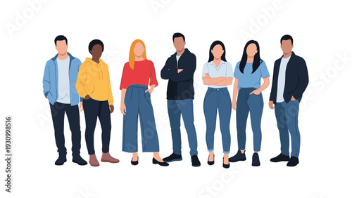 Group of diverse young people standing together in casual outfits representing friendship and unity against a white background.