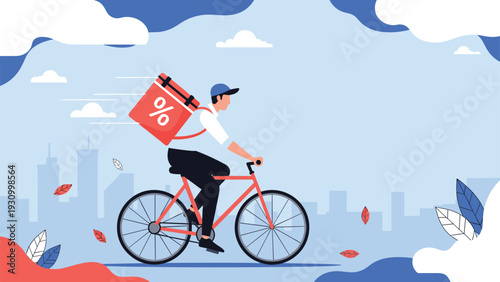 Swift delivery worker on a bicycle carries a red thermal bag with a percentage sign through a city during the autumn season.