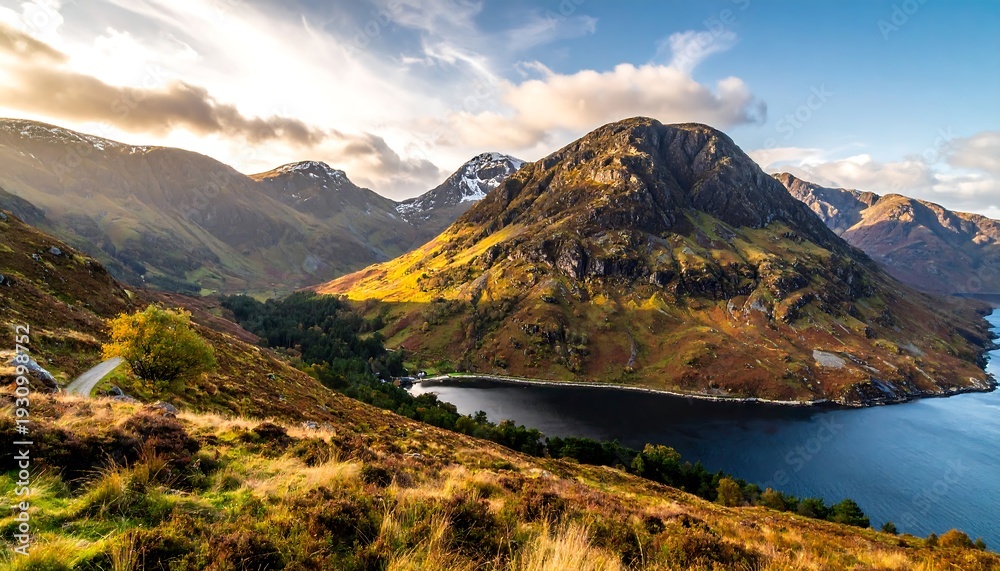Fototapeta premium Scenic Scottish Highlands Landscape with Loch and Mountains.
