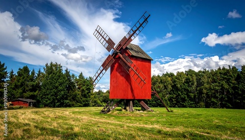 Vibrant red windmill against a blue sky in rural landscape.