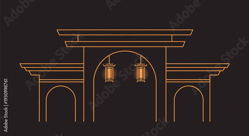 Golden Architectural Structure with Hanging Lanterns.