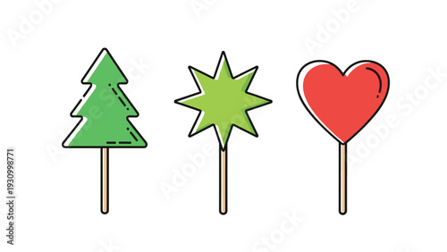 Fun set of three lollipops shaped like a green Christmas tree a bright star and a red heart on wooden sticks for sweet treats.