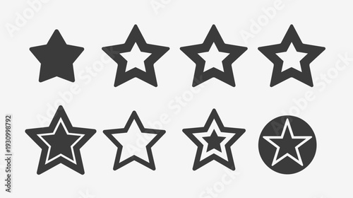 Eight stylized illustrations of a star, in various formats solid, outlined, nested shapes, and in a circle