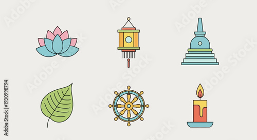 Buddhist Symbols and Icons Illustration Set.