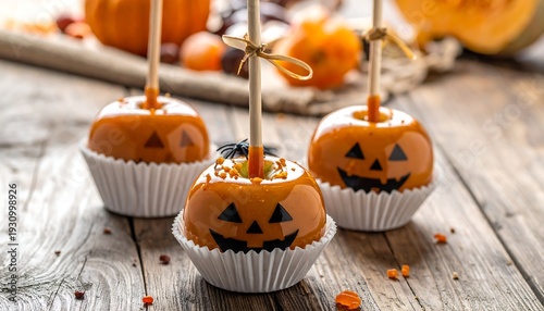 Halloween Treat - Caramel Apples with Jack-o-Lantern Faces.