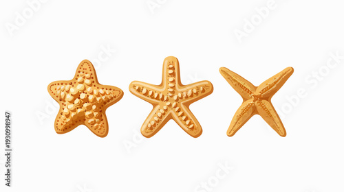 Three stylized, cartoon-like starfish in varying positions against a clean white background