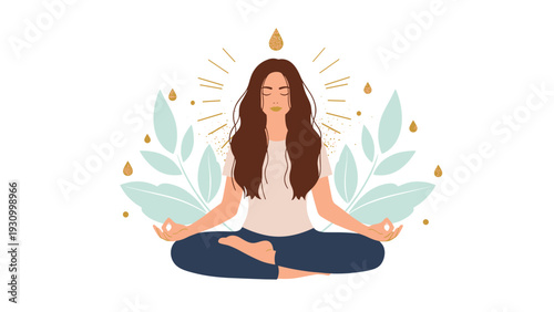 Beautiful woman meditates in a peaceful setting with large leaves and golden light effects around her during a yoga session.
