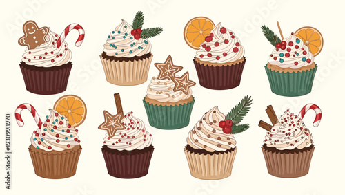 Selection of various Christmas cupcakes decorated with gingerbread men candy canes orange slices and festive berries in a grid.