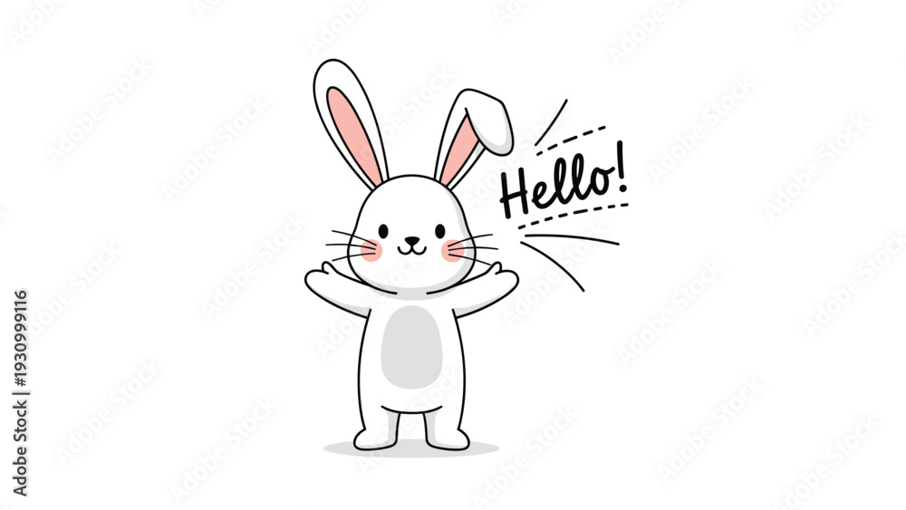 Fototapeta premium Adorable white cartoon rabbit waves happily and says hello in this simple and charming illustration for children or cards.