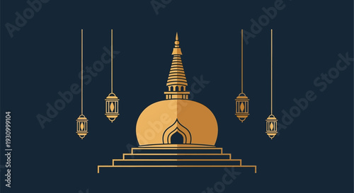 Golden Stupa Monument with Lanterns Illustration.