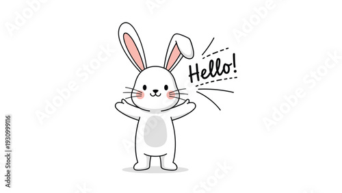 Adorable white cartoon rabbit waves happily and says hello in this simple and charming illustration for children or cards.