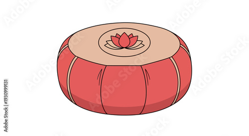 Red Ottoman Pouf with Lotus Flower Decoration.