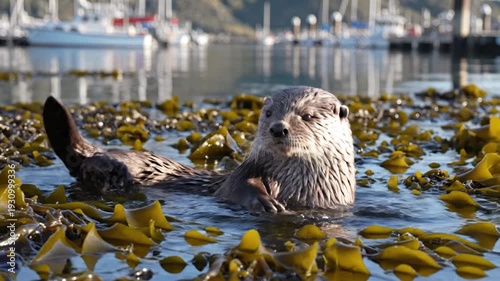 Wallpaper Mural Wild otter eating a clam in kelp-filled water near boats Torontodigital.ca