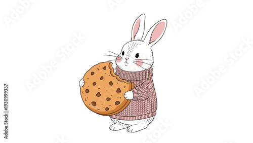 Sweet white bunny wearing a warm pink knitted sweater holds a giant chocolate chip cookie that has already been bitten.