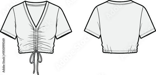 Technical fashion flat sketch of cropped short‑sleeved women’s top with V‑neckline, ruched center seam, drawstring tie hem, plain back view garment illustration for apparel construction