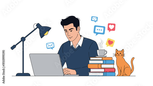 Young man works comfortably on his laptop at home while his orange tabby cat sits patiently beside a stack of books.