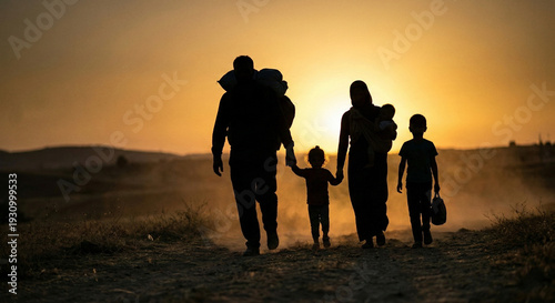 Humanitarian crisis concept, silhouettes of displaced family walking against dramatic sunset sky, soft dusty atmosphere