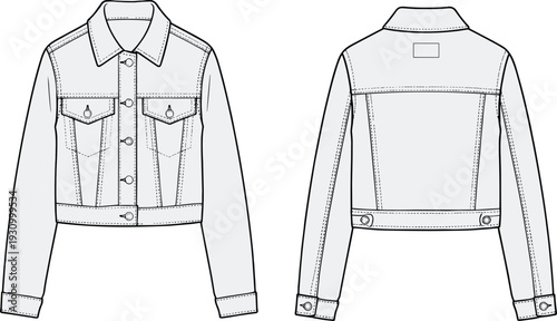 Technical fashion flat sketch of cropped denim jacket with classic collar, button‑down closure, chest flap pockets, seam detailing, long sleeves, back yoke, adjustable