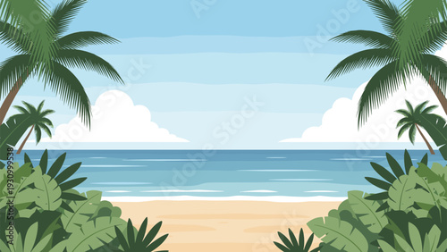 Beautiful tropical beach scene features white sand, crystal clear blue ocean water, and towering green palm trees.