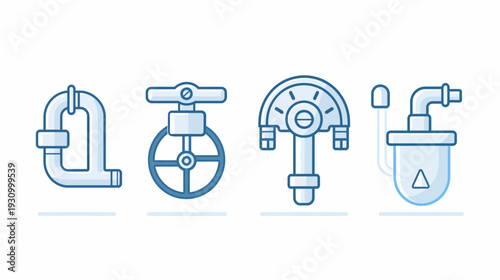 Four stylized blue plumbing or industrial equipment icons set against a white backdrop
