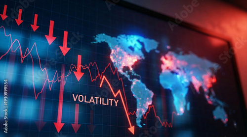 Financial market volatility concept related to geopolitical tension, close-up of digital stock market screen showing red downward arrows and fluctuating graphs, blurred world map in background