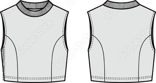 Technical flat sketch of sleeveless fitted crew neck top 