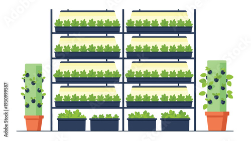 Modern vertical indoor farm uses advanced hydroponics and artificial lighting to grow fresh green leafy plants efficiently.
