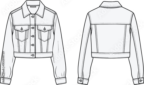 Technical fashion flat sketch of cropped denim jacket with classic collar, button‑down closure, flap chest pockets, seam detailing, long sleeves, back yoke, waistband garment illustration