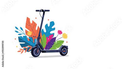 Modern black electric kick scooter stands in front of a vibrant display of colorful tropical leaves and flowers.