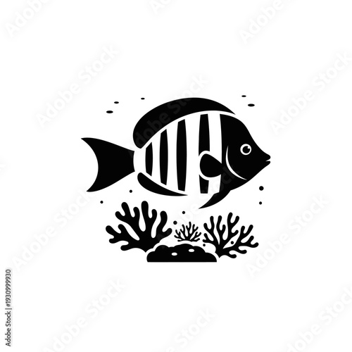 Black and white illustration of a fish swimming near coral reef.