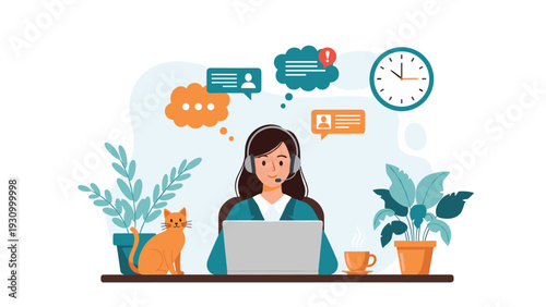 Young woman working from home on a laptop with a headset, speech bubbles, coffee, a cat, and plants on her desk.