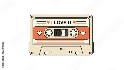 Retro cassette tape illustration with I love u text and heart symbols on a clean white background for vintage vibes.