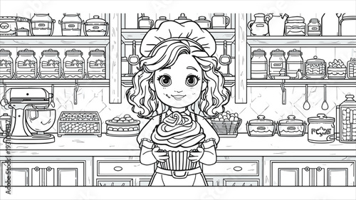 Cute Little Girl Baker Holding a Large Cupcake in a Detailed Bakery Shop Coloring Page