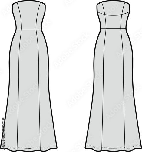 Technical fashion flat sketch of strapless floor‑length gown front and back views, garment construction illustration with sweetheart neckline, princess seams, elegant silhouette for apparel 