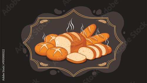 Variety of freshly baked bread loaves and rolls in an ornate frame with wheat ears on a dark brown background for bakery.