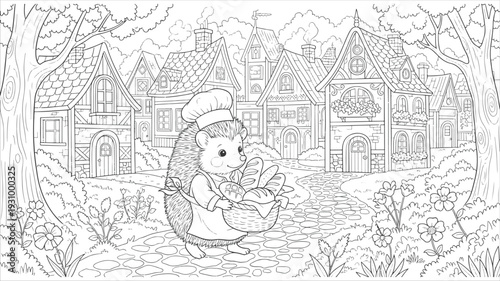 Cute Hedgehog Baker Carrying a Basket of Bread Through a Whimsical Village Coloring Page