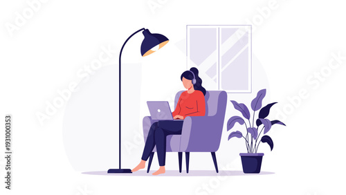 Woman sitting in a purple armchair working on a laptop with headphones under a floor lamp in a cozy room at night.
