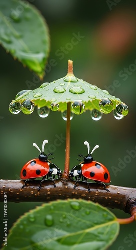 Two ladybugs sitting under a leaf umbrella on a branch with raindrops