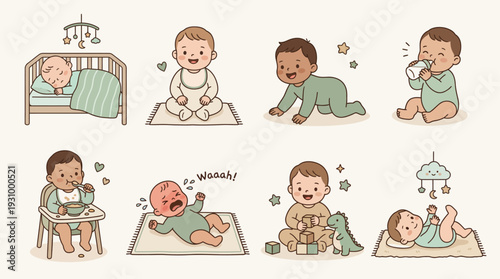 Cute Baby Daily Activities Cartoon Vector Set with Feeding, Sleeping and Crawling Scenes