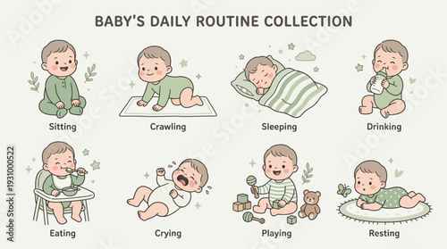 Cute Baby Daily Activities Cartoon Vector Set with Feeding, Sleeping and Crawling Scenes