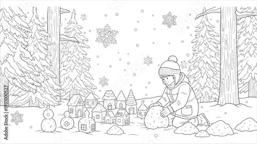 Young Boy Building a Snow Village in a Winter Forest Landscape Coloring Page