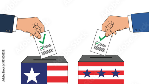 Two hands putting marked voting ballots into ballot boxes decorated with the United States flag for an election.