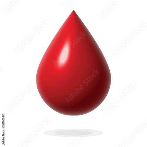 Realistic Glossy Red Blood Drop Vector Icon, 3D Liquid Droplet Isolated on White Background, Medical Health and Blood Donation Symbol for Healthcare Infographics and Design