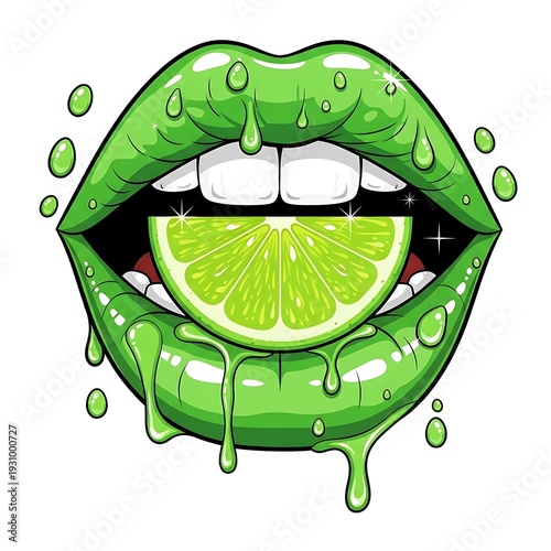 A cartoon illustration of green lips biting a lime wedge with drops.